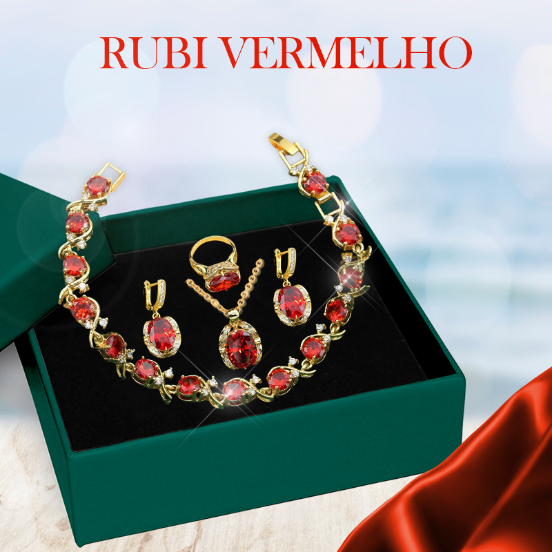 Castor 18K Amarelo Ouro Peridoto Rubi Pingente Brinco Pulseira e Conjunto de Anel Para Mulheres