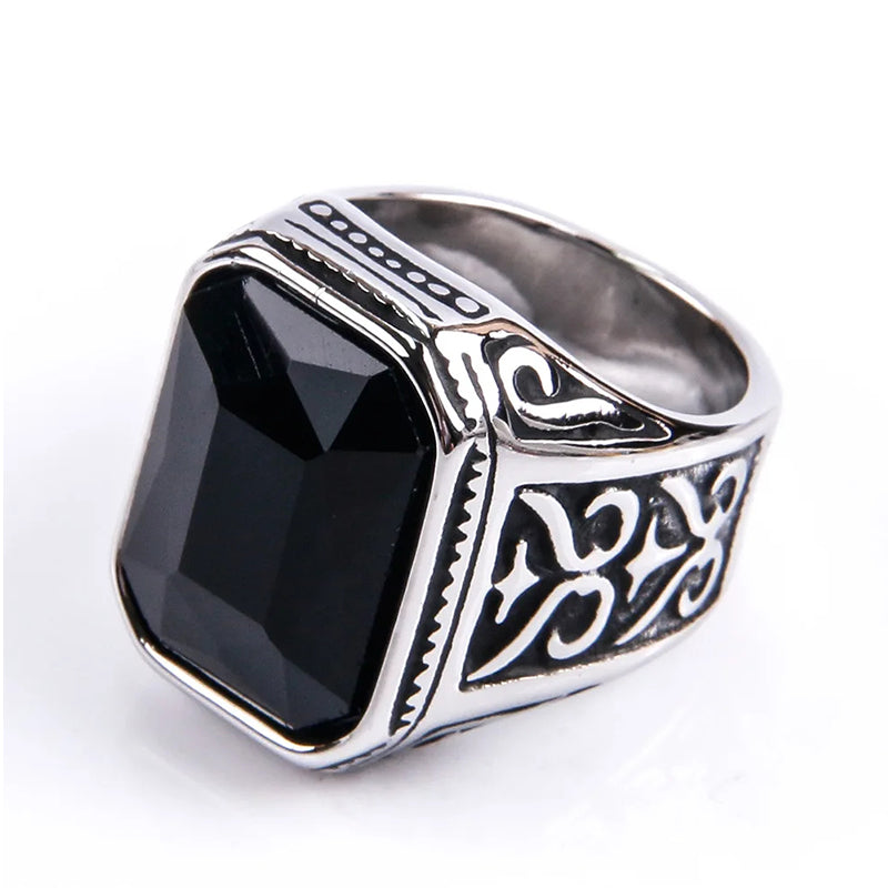 Cubic Zirconia Stainless Steel Hand-crafted Gemstone Birthstone Vintage Carved Ring For Women & Men