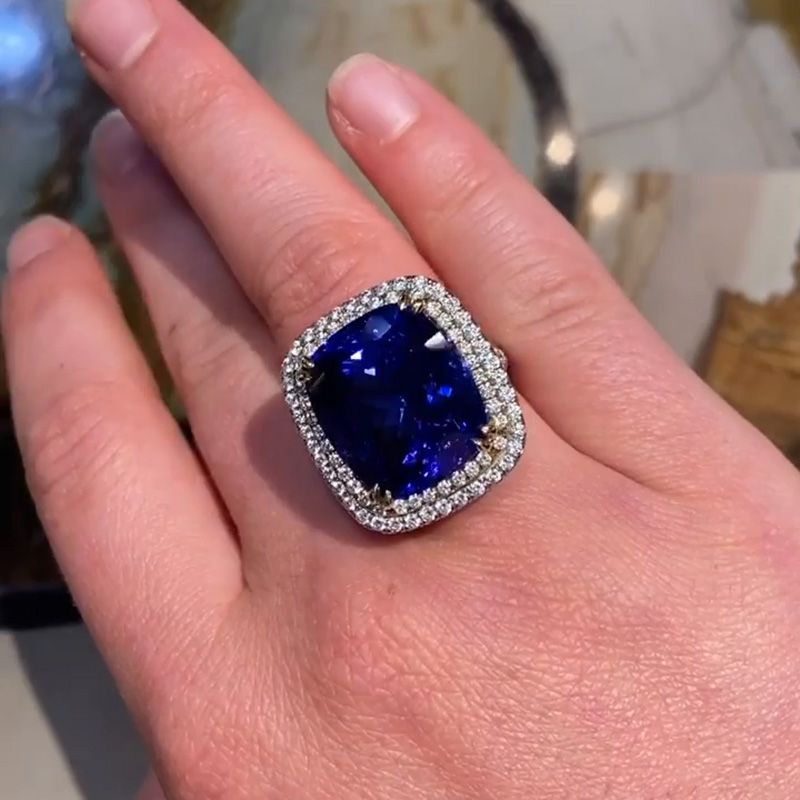 Carol 22ct Cushion Cut Blue Sapphire Double Halo Handmade Engagement Ring