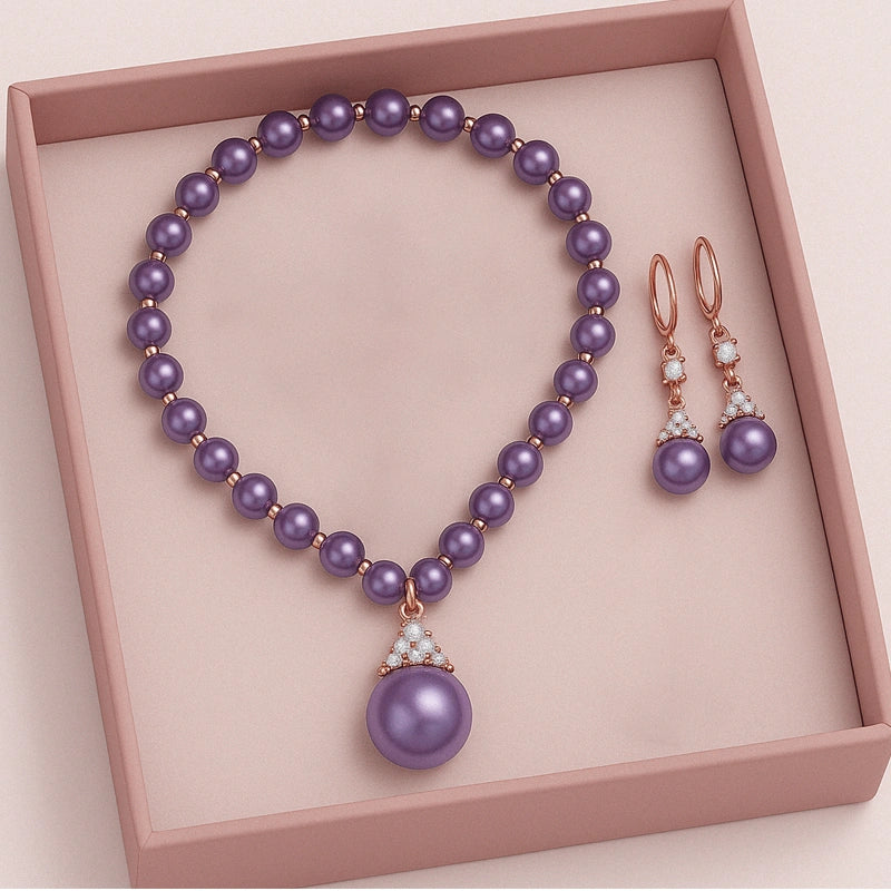 Ethereal Natural Pearl Jewelry Set – Necklace & Bracelet in Champagne, White & Violet Glow
