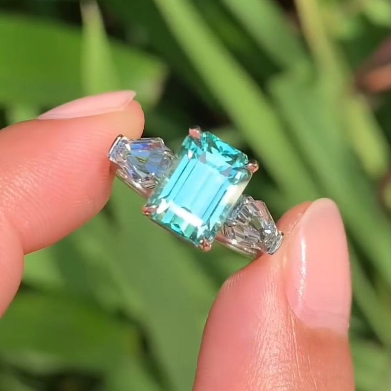 Mindy 11.19 Carat Emerald Cut Blue Three Stone Engagement Ring