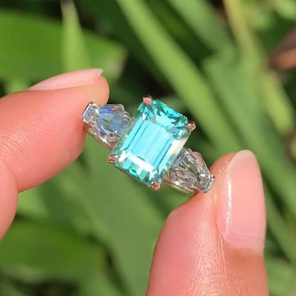 Mindy 11.19 Carat Emerald Cut Blue Three Stone Engagement Ring