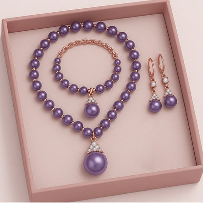 Ethereal Natural Pearl Jewelry Set – Necklace & Bracelet in Champagne, White & Violet Glow