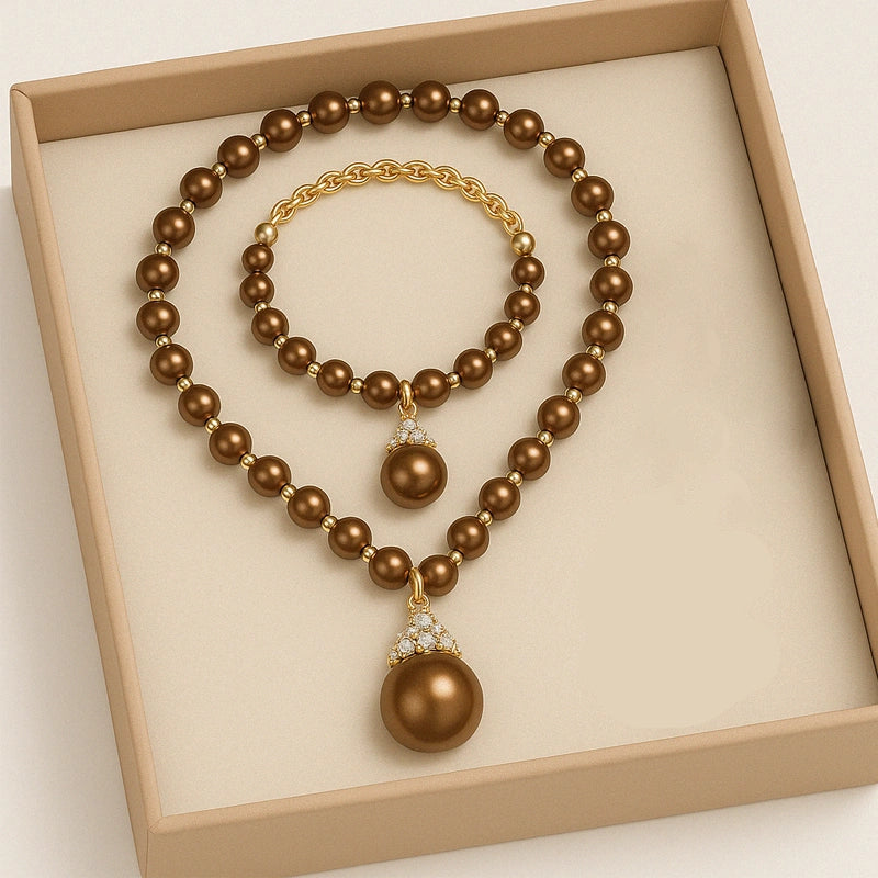 Ethereal Natural Pearl Jewelry Set – Necklace & Bracelet in Champagne, White & Violet Glow