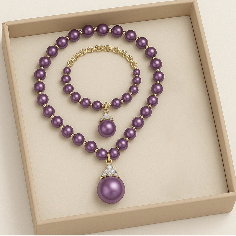 Ethereal Natural Pearl Jewelry Set – Necklace & Bracelet in Champagne, White & Violet Glow