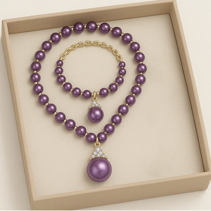 Ethereal Natural Pearl Jewelry Set – Necklace & Bracelet in Champagne, White & Violet Glow