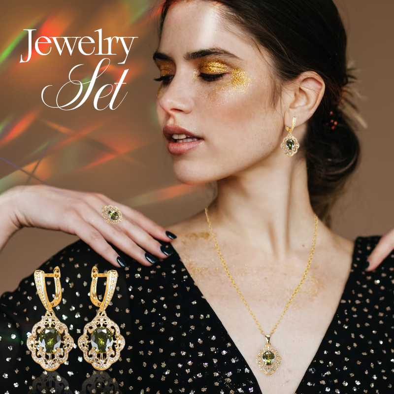 Aurora 18K Gold Gemstone Pendant Earring Bracelet & Ring Set For Women