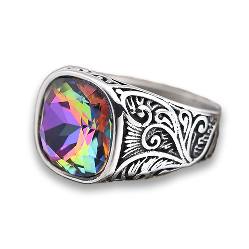 Cubic Zirconia Stainless Steel Hand-crafted Gemstone Birthstone Vintage Carved Ring For Women & Men