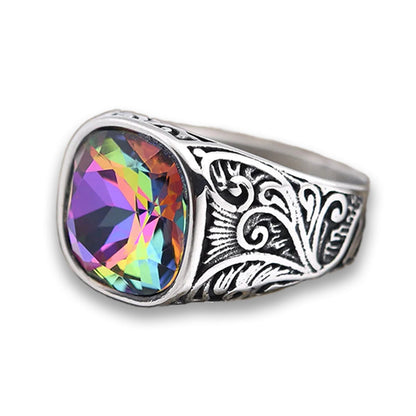 Cubic Zirconia Stainless Steel Hand-crafted Gemstone Birthstone Vintage Carved Ring For Women & Men