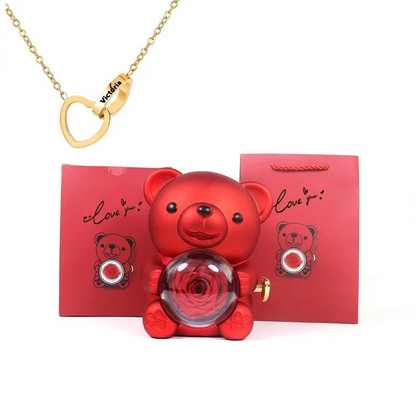 Preserved Eternal Rose Bear Box & Customized Necklace for Mom,Wife, Girlfriend and Grandma on Valentines Mothers Day Christmas