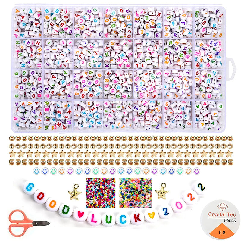 2400pcs Mixed Alphabet Letter Round Beads Kit for DIY Jewelry Making with Crystal Elastic String