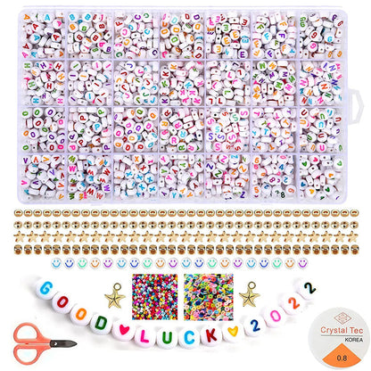 2400pcs Mixed Alphabet Letter Round Beads Kit for DIY Jewelry Making with Crystal Elastic String