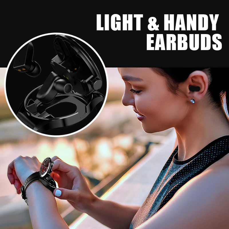 Unisex 2-in 1 Build-in Wireless  Fitness Sports Smart Watch with Earbuds