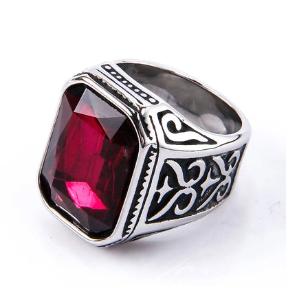 Cubic Zirconia Stainless Steel Hand-crafted Gemstone Birthstone Vintage Carved Ring For Women & Men