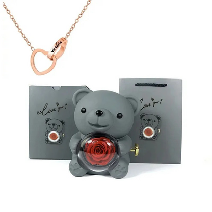 Preserved Eternal Rose Bear Box & Customized Necklace for Mom,Wife, Girlfriend and Grandma on Valentines Mothers Day Christmas