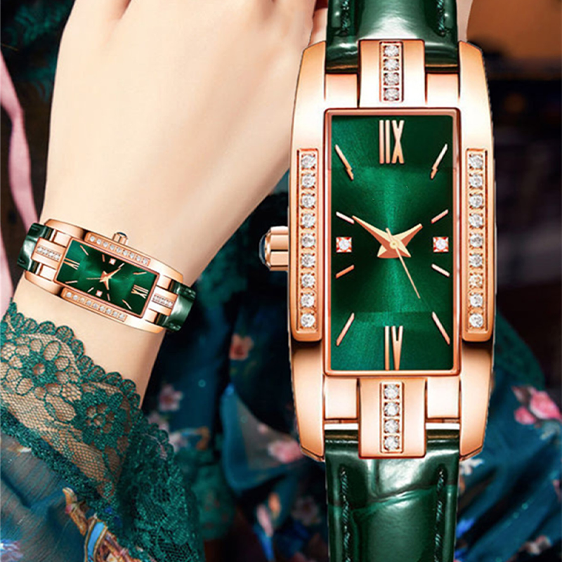 Set Fashion Women Leather Quartz Watch Necklace Earrings Bracelet