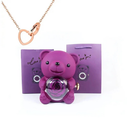 Preserved Eternal Rose Bear Box & Customized Necklace for Mom,Wife, Girlfriend and Grandma on Valentines Mothers Day Christmas