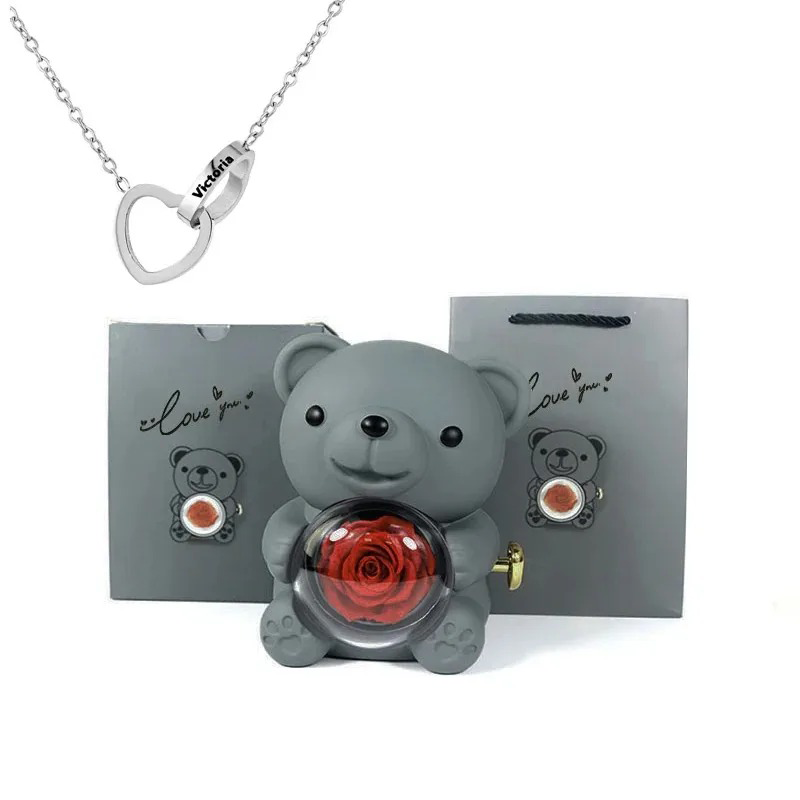Preserved Eternal Rose Bear Box & Customized Necklace for Mom,Wife, Girlfriend and Grandma on Valentines Mothers Day Christmas