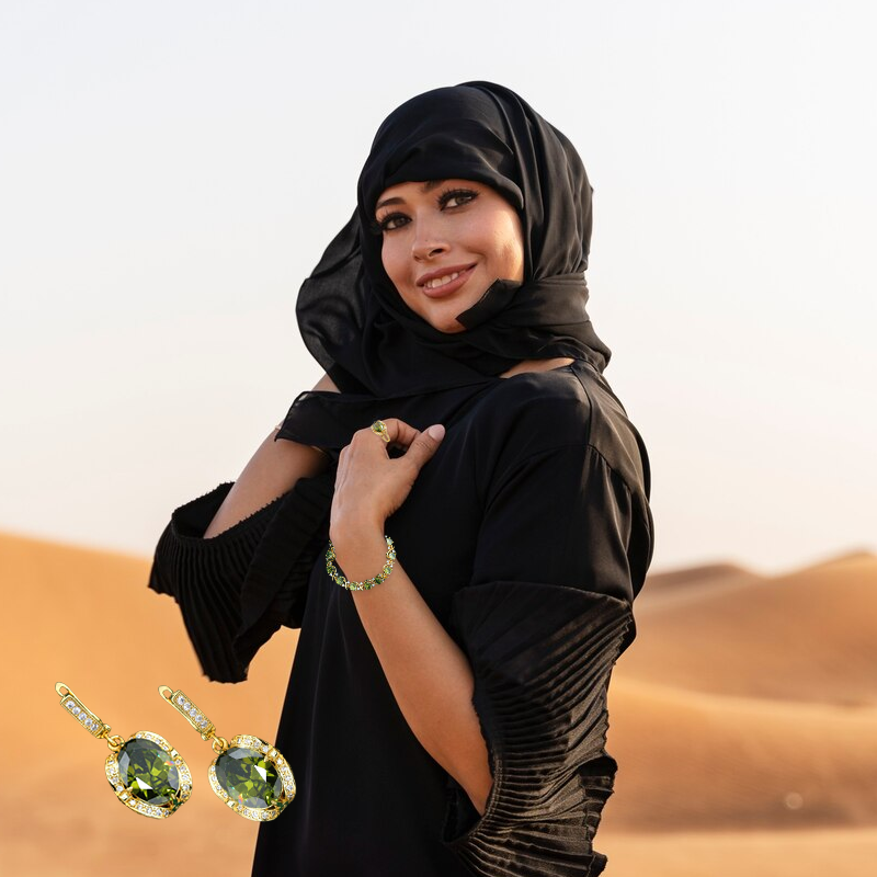 UAE Castor 18K ذهب أصفر بيريدوت روبي قلادة أقراط سوار وخاتم مجموعة للنساء