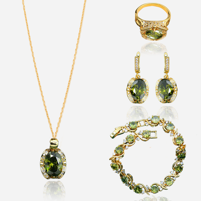 TA Castor 18K Yellow Gold Peridot Ruby Pendant Earring Bracelet & Ring Set For Women With Card