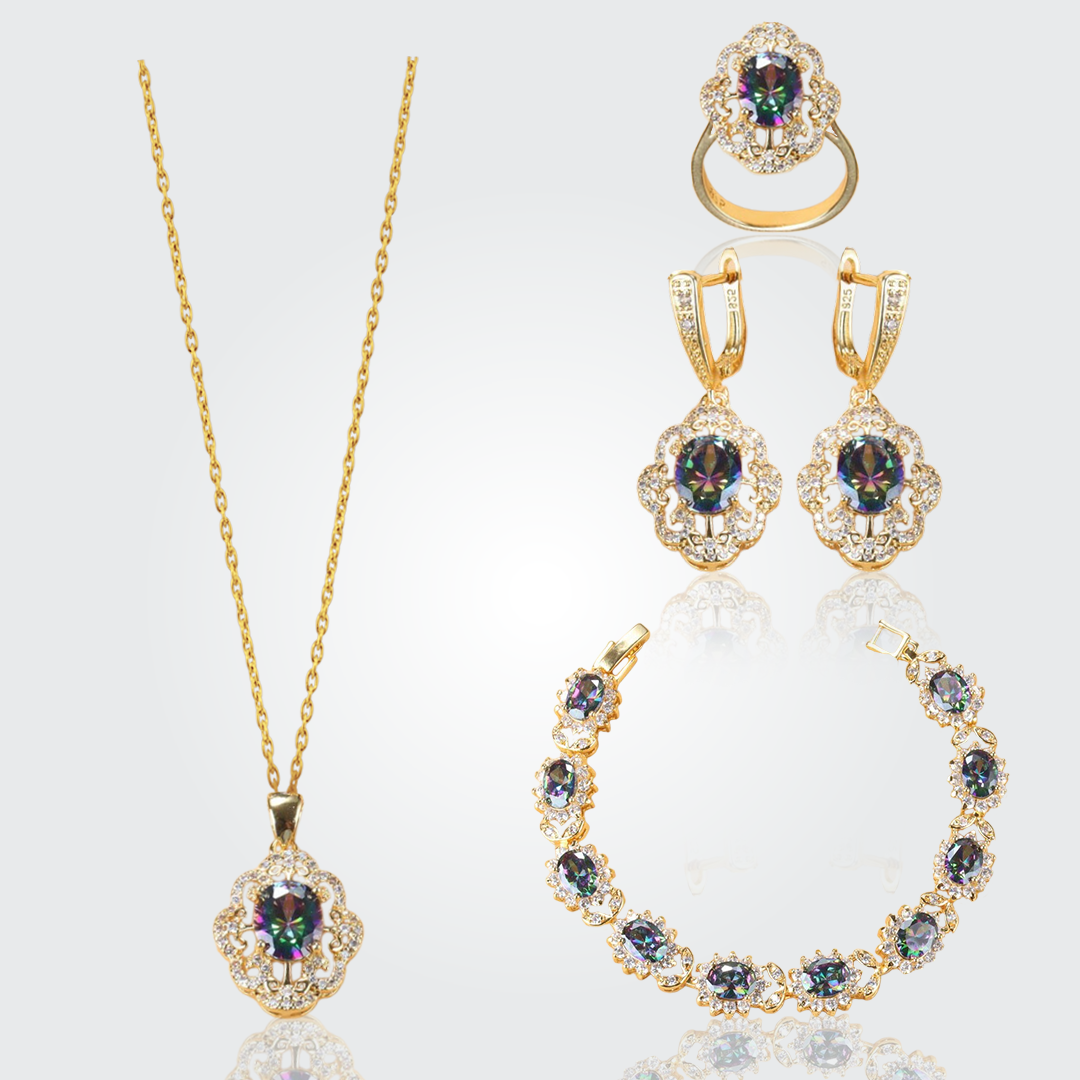 Aurora 18K Gold Gemstone Pendant Earring Bracelet & Ring Set For Women