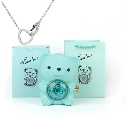 Preserved Eternal Rose Bear Box & Customized Necklace for Mom,Wife, Girlfriend and Grandma on Valentines Mothers Day Christmas