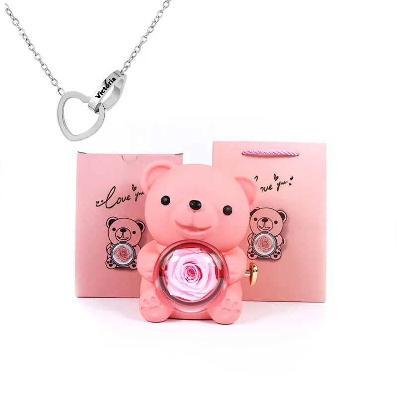 Preserved Eternal Rose Bear Box & Customized Necklace for Mom,Wife, Girlfriend and Grandma on Valentines Mothers Day Christmas