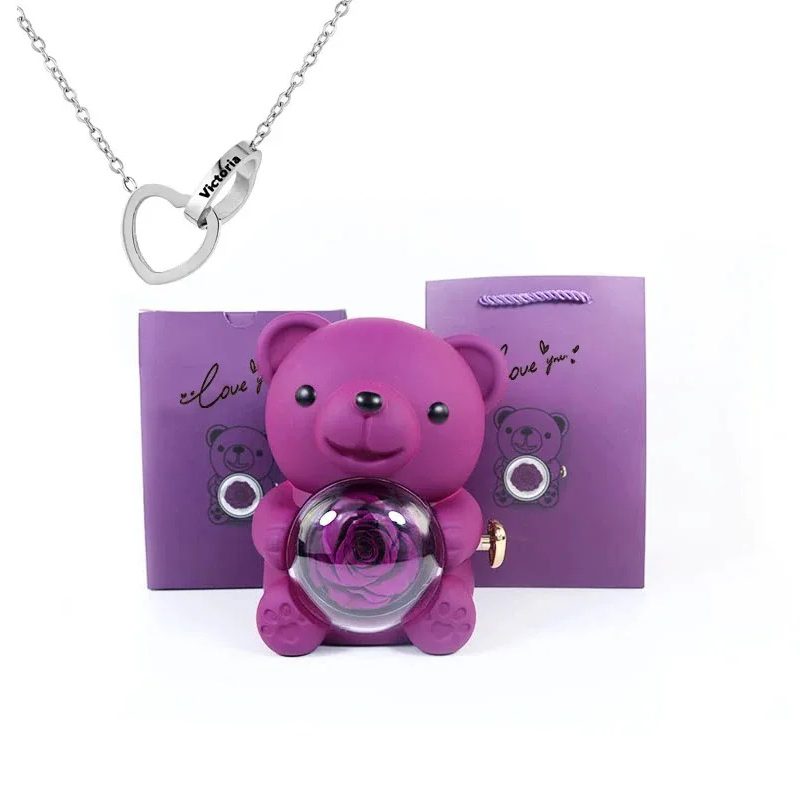 Preserved Eternal Rose Bear Box & Customized Necklace for Mom,Wife, Girlfriend and Grandma on Valentines Mothers Day Christmas