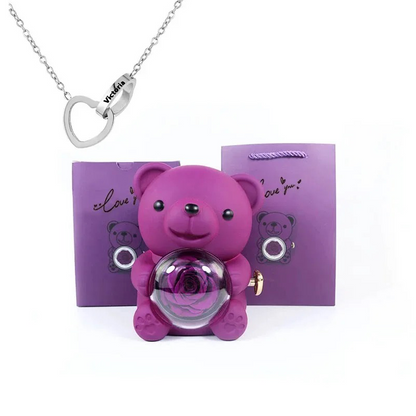 Preserved Eternal Rose Bear Box & Customized Necklace for Mom,Wife, Girlfriend and Grandma on Valentines Mothers Day Christmas