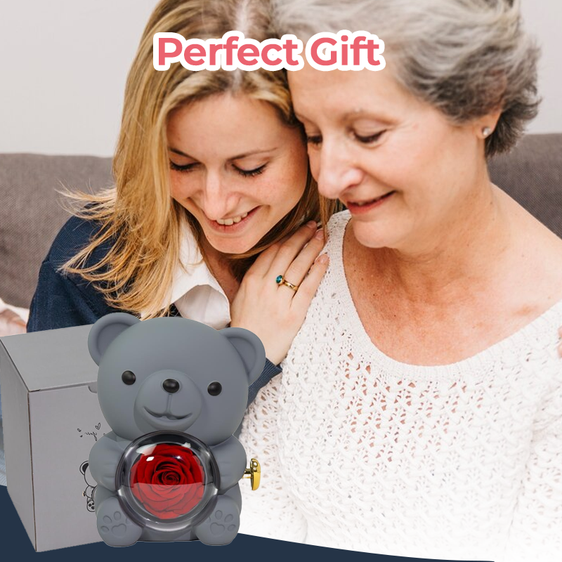 Preserved Eternal Rose Bear Box & Customized Necklace for Mom,Wife, Girlfriend and Grandma on Valentines Mothers Day Christmas