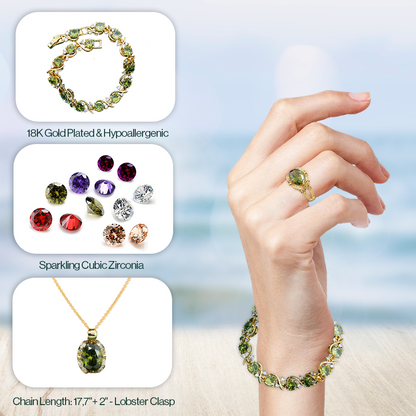 TA Castor 18K Yellow Gold Peridot Ruby Pendant Earring Bracelet & Ring Set For Women With Card