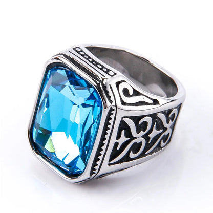 Cubic Zirconia Stainless Steel Hand-crafted Gemstone Birthstone Vintage Carved Ring For Women & Men