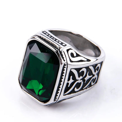 Cubic Zirconia Stainless Steel Hand-crafted Gemstone Birthstone Vintage Carved Ring For Women & Men