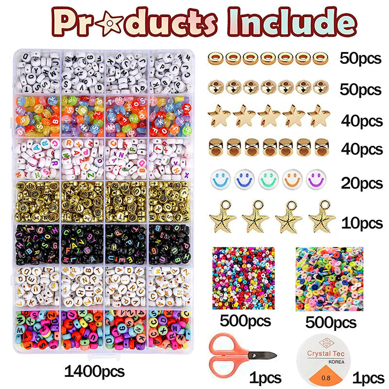 2400pcs Mixed Alphabet Letter Round Beads Kit for DIY Jewelry Making with Crystal Elastic String