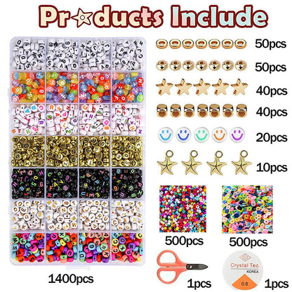 2400pcs Mixed Alphabet Letter Round Beads Kit for DIY Jewelry Making with Crystal Elastic String