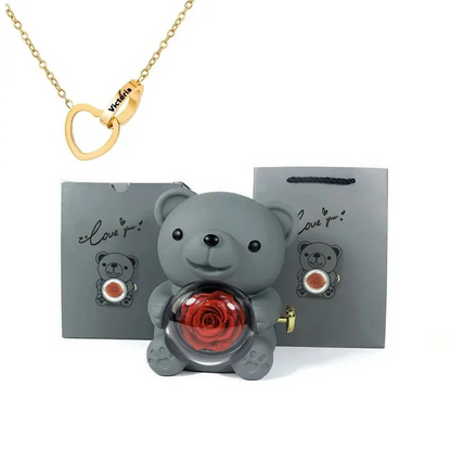 Preserved Eternal Rose Bear Box & Customized Necklace for Mom,Wife, Girlfriend and Grandma on Valentines Mothers Day Christmas