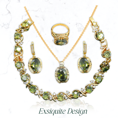 TA Castor 18K Yellow Gold Peridot Ruby Pendant Earring Bracelet & Ring Set For Women With Card