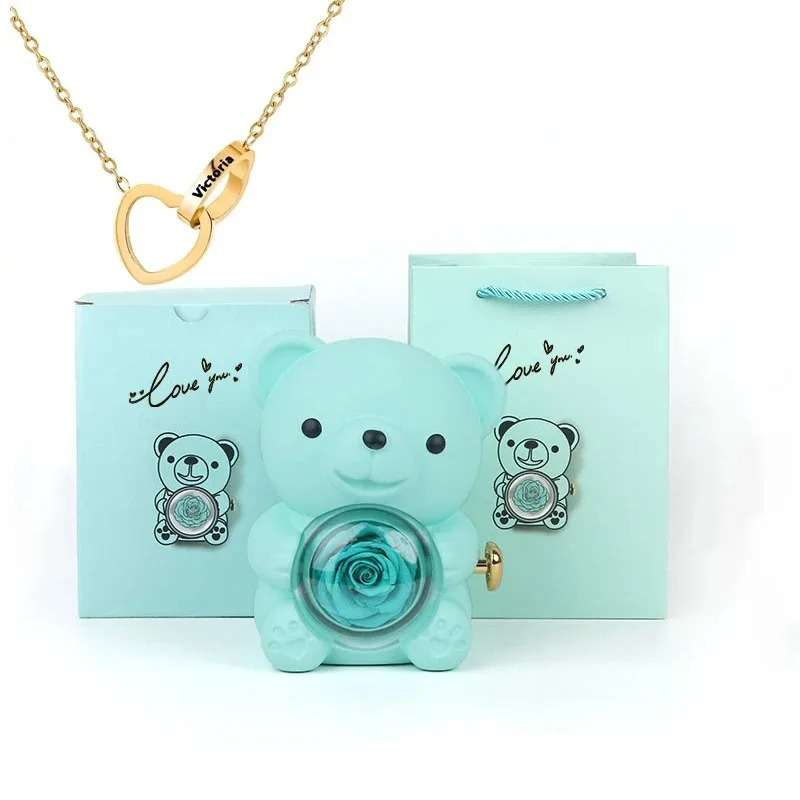 Preserved Eternal Rose Bear Box & Customized Necklace for Mom,Wife, Girlfriend and Grandma on Valentines Mothers Day Christmas