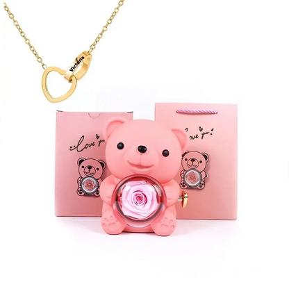 Preserved Eternal Rose Bear Box & Customized Necklace for Mom,Wife, Girlfriend and Grandma on Valentines Mothers Day Christmas