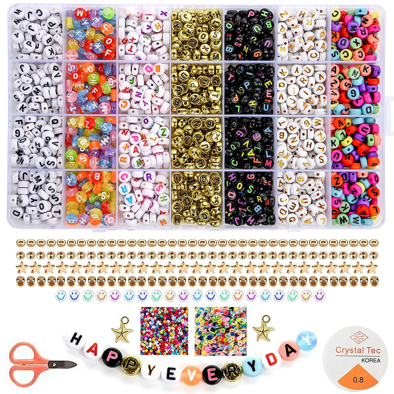2400pcs Mixed Alphabet Letter Round Beads Kit for DIY Jewelry Making with Crystal Elastic String