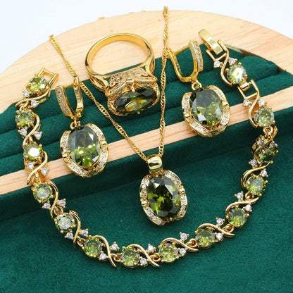 Castor 18K Amarelo Ouro Peridoto Rubi Pingente Brinco Pulseira e Conjunto de Anel Para Mulheres