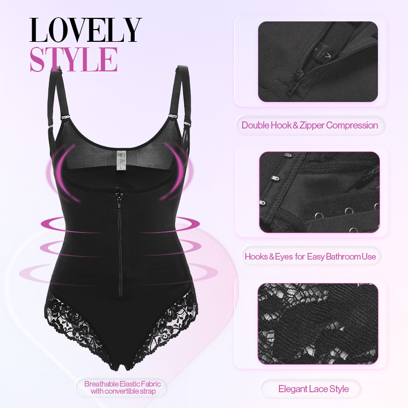 Lafeme Tummy Control Lace Fajas Bodysuit Thong Shapewear for Women
