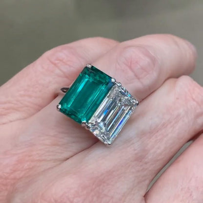 Mia 10ct Emerald Cut White Sapphire and Green Emerald Two Stone Engagement Ring