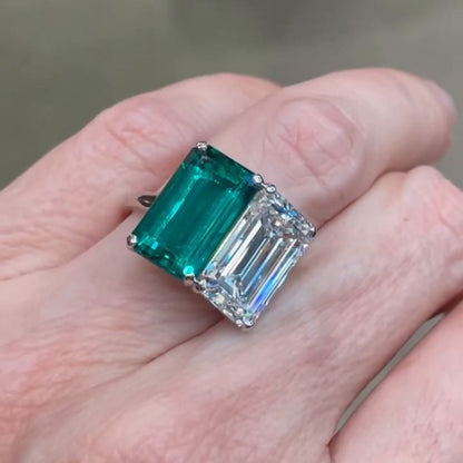 Mia 10ct Emerald Cut White Sapphire and Green Emerald Two Stone Engagement Ring