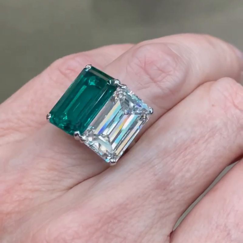 Mia 10ct Emerald Cut White Sapphire and Green Emerald Two Stone Engagement Ring