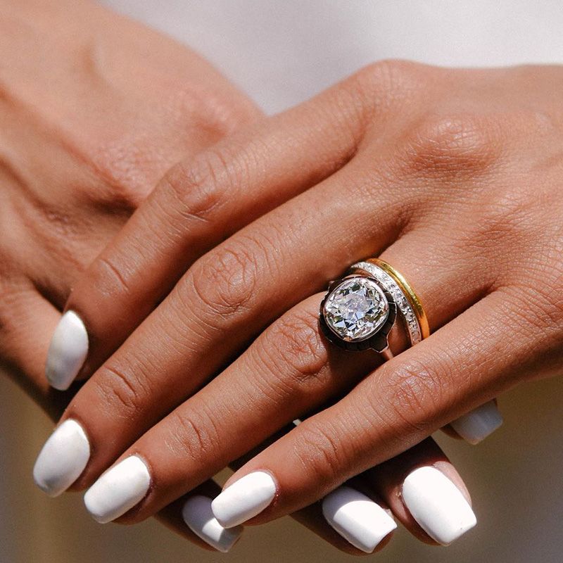 Molly 4.23ct Cushion Cut White Sapphire with Surrounding Black Stone Strong Contrast Vintage Engagement Ring