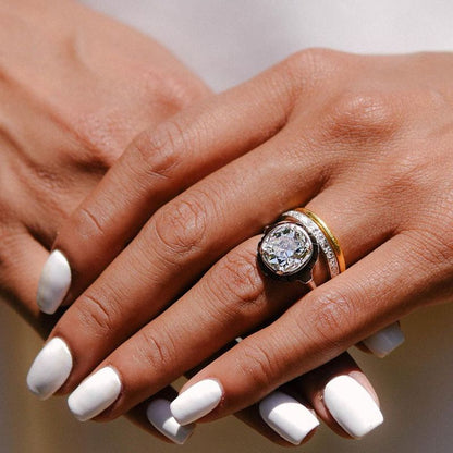 Molly 4.23ct Cushion Cut White Sapphire with Surrounding Black Stone Strong Contrast Vintage Engagement Ring