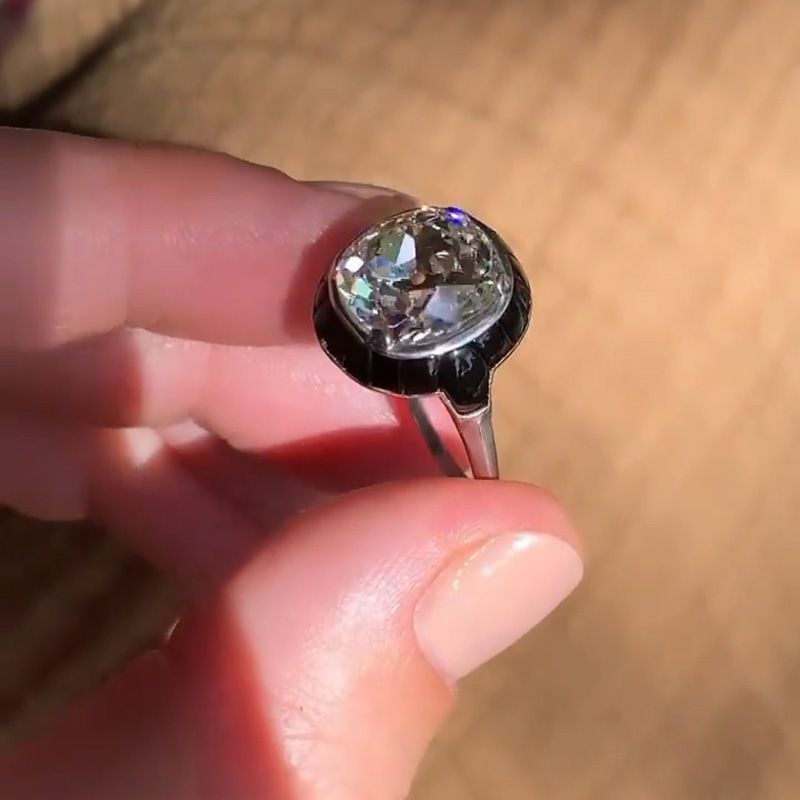 Molly 4.23ct Cushion Cut White Sapphire with Surrounding Black Stone Strong Contrast Vintage Engagement Ring