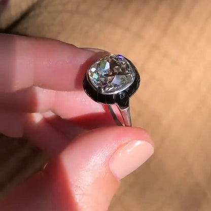 Molly 4.23ct Cushion Cut White Sapphire with Surrounding Black Stone Strong Contrast Vintage Engagement Ring