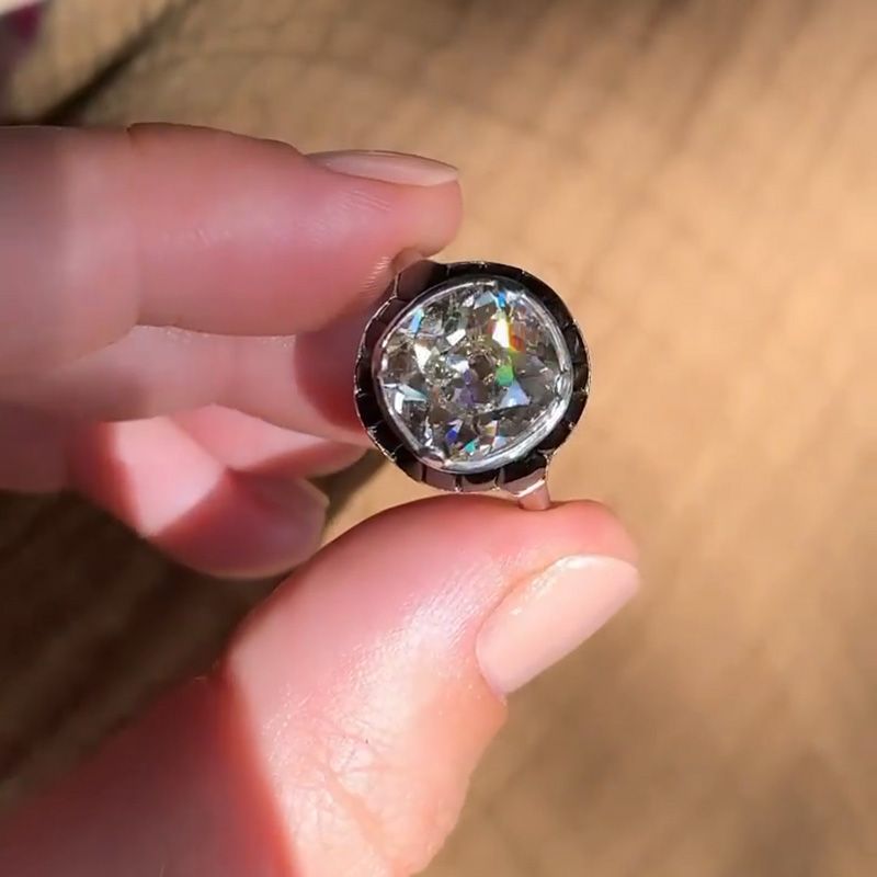 Molly 4.23ct Cushion Cut White Sapphire with Surrounding Black Stone Strong Contrast Vintage Engagement Ring